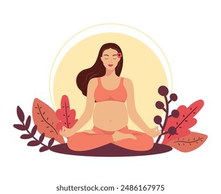 Happy pregnant woman sitting in lotus pose. Meditating pregnant female practicing perinatal yoga on nature background. Healthy pregnancy concept