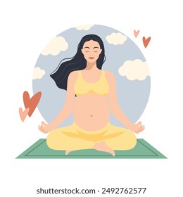 Happy pregnant woman sitting in lotus pose. Pregnant female doing yoga. Pregnant woman meditates. Healthy pregnancy concept