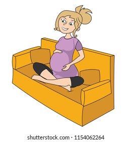 happy pregnant woman sitting on a sofa coach happily feeling the movements of her baby inside