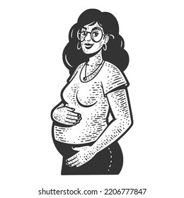 Happy Pregnant Woman Sketch Engraving Vector Illustration. Scratch Board Imitation. Black And White Hand Drawn Image.