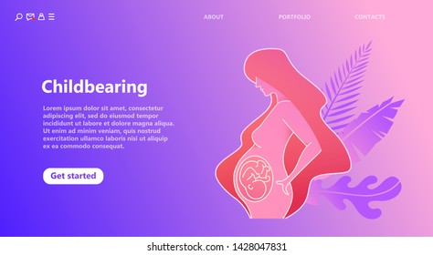 Happy pregnant woman and a small child in a big belly. Vector illustration for web design, banner, business landing page template.