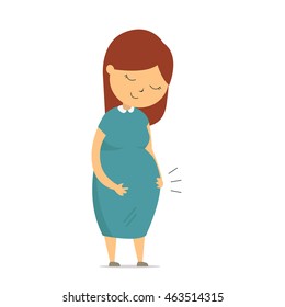 Happy pregnant woman, smile and touch her belly. Vector illustration cartoon character, simple and flat design. 