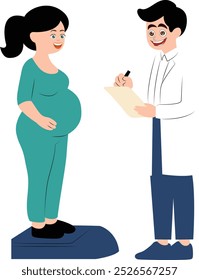 Happy pregnant woman standing on the scale with doctor standing next to her taking notes