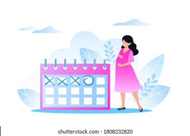 Happy pregnant woman stands near the calendar, waiting for the day of childbirth, expectant mother. Vector illustration