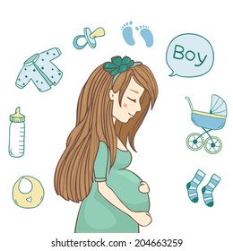 Happy pregnant woman thinking about  baby boy. Vector illustration isolated on white