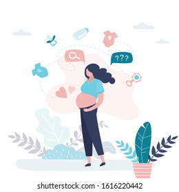 Happy pregnant woman thinks about things and toys for a newborn baby. Pregnancy and the period before childbirth. Cute female character. Trendy style vector illustration