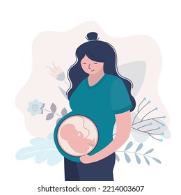 Happy pregnant woman thinks about newborn baby. Maternity, pregnancy and the period before childbirth. Adorable female haracter. Cute embryo in tummy. Trendy style vector illustration