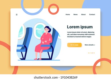 Happy pregnant woman travelling by plane. Seat, flight, trip flat vector illustration. Motherhood and parenthood concept for banner, website design or landing web page