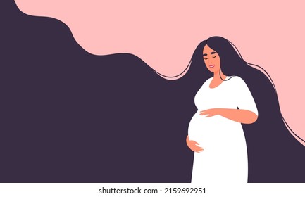 Happy pregnant woman with tummy. Future mom of hugging belly with arms. Concept of pregnancy, motherhood, medical and healthcare. Flat vector illustration.