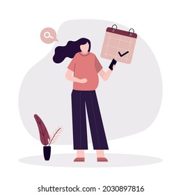 Happy pregnant woman use mobile phone. Cartoon lady keeps track of schedule and symptoms of pregnancy. Doctor appointment date of birth. Concept of prenatal period. Trendy vector illustration