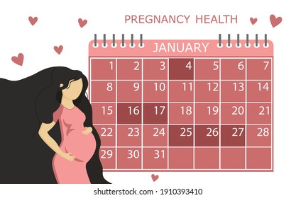 Happy pregnant woman uses a calendar to track her pregnancy. Schedule of an appointment with a doctor according to a monthly plan. Pregnancy in the last weeks of the period. Cute female character in frame