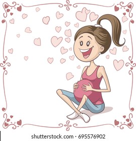 Happy Pregnant Woman Vector Cartoon - Cute smiling mother to be doing breathing exercises 
