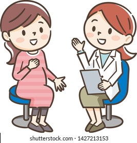 Happy pregnant woman visit gynecologist doctor at hospital or medical clinic for pregnancy consultant.