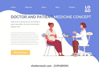 Happy pregnant woman visits gynecologist in hospital to follow her pregnancy. Doctor consults patient and writes out prescription. Gynecology. Template, landing page. Vector illustration.