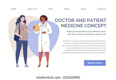 Happy pregnant woman visits gynecologist in hospital to follow her pregnancy. Doctor consults patient and writes out prescription. Gynecology. Template, landing page. Vector illustration.