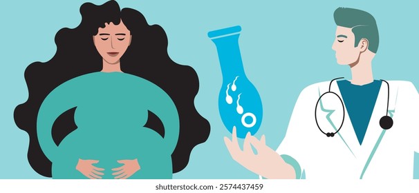 Happy pregnant woman, in vitro fertilization assisted pregnancy, flat vector stock illustration, consultation with doctor for IVF