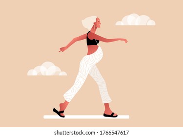 Happy pregnant woman walking. Active well fitted pregnant female character. Happy pregnancy. Yoga and sport for pregnant. Flat cartoon vector illustration