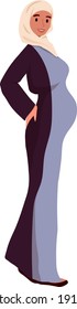 Happy Pregnant woman wearing hijab, pregnancy. Arabian Muslim Traditional clothes. Future mother expecting baby. Motherhood. New born. Flat vector illustration. Diversity, multiethnic society. 