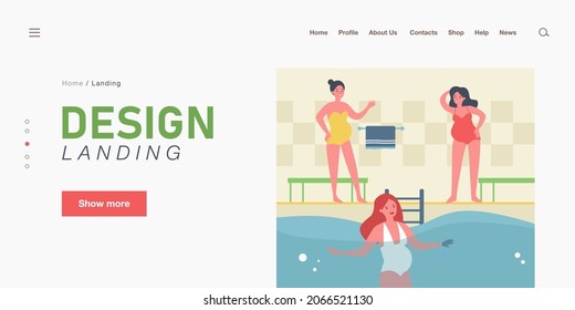 Happy pregnant women attending swimming pool. Female character with belly in swimsuit swimming in water flat vector illustration. Pregnancy, sports concept for banner, website design or landing page