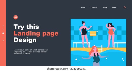 Happy pregnant women attending swimming pool. Female character with belly in swimsuit swimming in water flat vector illustration. Pregnancy, sports concept for banner, website design or landing page
