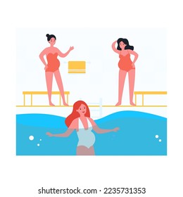 Happy pregnant women attending swimming pool. Female character with belly in swimsuit swimming in water flat vector illustration. Pregnancy, sports concept for banner