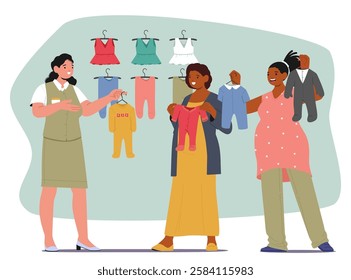 Happy pregnant women characters shopping at baby retail market choosing newborn clothes asking shop assistant for consultation vector illustration. Parenthood preparation and childbirth expectation