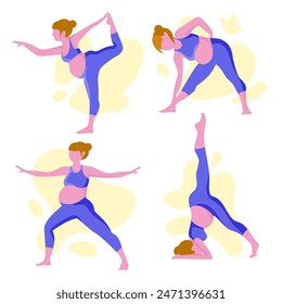Happy Pregnant women doing sports exercises for health set.Yoga for pregnant women.Active and healthy young expectant mothers.Healthy pregnancy concept.Vector illustration