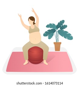 happy pregnant women doing yoga exercises with fitball. happy pregnancy, childbirth anticipation. flat vector illustration