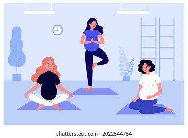 Happy pregnant women doing yoga exercises on mats. Female characters with bellies standing and sitting in yoga poses flat vector illustration. Pregnancy, fitness concept for banner or website design