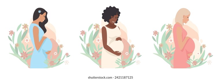 Happy pregnant women look at their belly with a smile and hug it. Pregnancy and childbirth. Set of vector illustrations of expectant mothers in flat style on a white background.