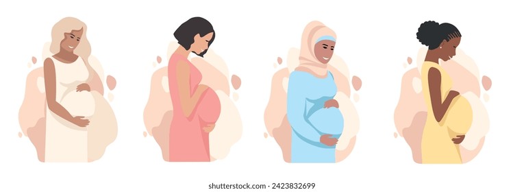 Happy pregnant women look at their belly with a smile and hug it. Pregnancy and childbirth. Set of vector illustrations of expectant mothers in flat style on a white background.