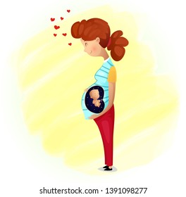 Happy pregnant women. Mothers day flat poster design. Vector cartoon illustration