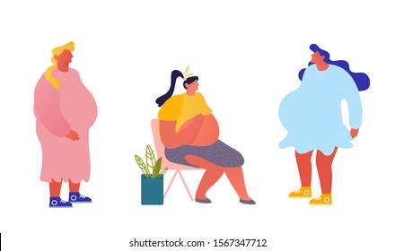 Happy Pregnant Women Set Isolated on White Background. Girl Friends Chatting, Meeting. Healthy Pregnancy Lifestyle, Maternity Child Bear. Characters Waiting Babies. Cartoon Flat Vector Illustration