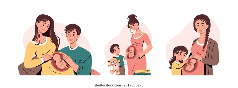 Felices embarazadas. Padres sonrientes y niños esperando un bebé recién nacido. Atención prenatal del vientre de madres jóvenes. El cuidado, la paternidad y el concepto de los niños. Vector plano de dibujos animados aislado sobre fondo blanco