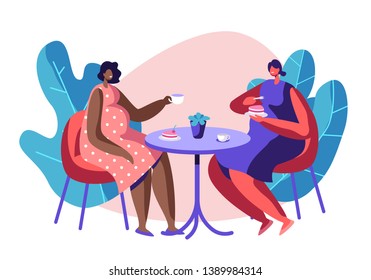 Happy Pregnant Women Spend Time Together Visiting Cafe for Cup of Tea and Chatting, Meeting Friends. Healthy Pregnancy Lifestyle. Child Bear. Girls Waiting Babies. Cartoon Flat Vector Illustration
