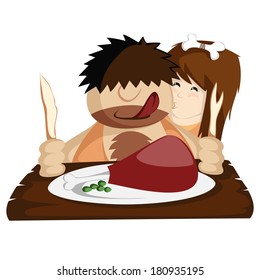 Happy prehistoric caveman couple having a huge bone-in meat for lunch or dinner.