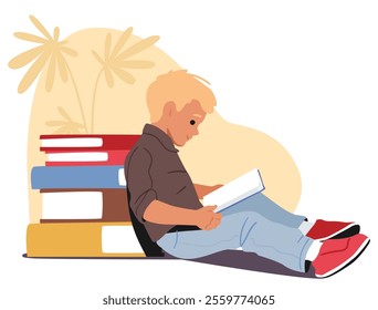 Happy preschool boy cartoon character reading leaned back to pile of huge paper hardcover textbook scene. Cognition, development and educational hobby activity for children vector illustration