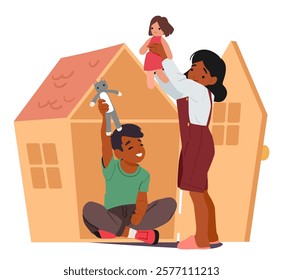 Happy preschool brother and sister playing toys and doll house enjoying innocence cartoon scene. Cheerful carefree boy and girl playful time together vector illustration. Children game activity