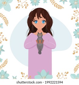 Happy preschool child girl holding a cat in her arms. Children's cartoon character with a cat. Flat vector isolated illustrations.