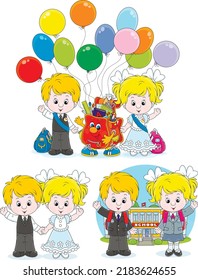 Happy preschool children with a funny Schoolbag and balloons and schoolchildren with their school