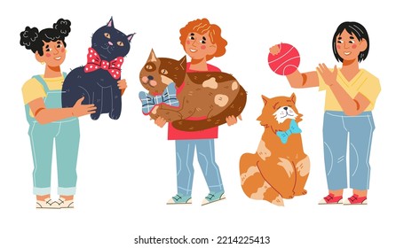 Happy preschool children playing with pets. Smiling kids cartoon character with adorable cats and dogs, flat vector illustration isolated on white background.