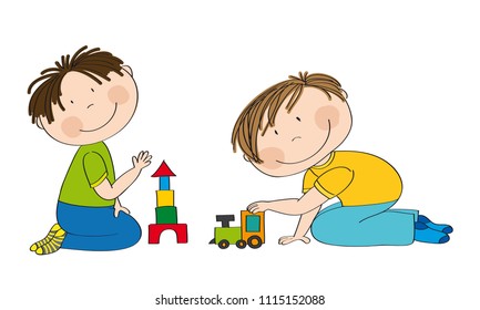 Happy preschool children. Two little boys kneeling on the floor, one is building bricks and the other is playing with choo choo train. Original hand drawn illustration.