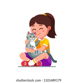 Happy preschool girl kid embracing and patting cat. Smiling kid, holding adorable pet kitten. Child cartoon character with cat. Childhood domestic animal kitty. Flat vector isolated illustration