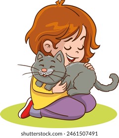 Happy preschool girl kid embracing and patting cat. Smiling kid, holding adorable pet kitten. Child cartoon character with cat. Childhood domestic animal kitty. Flat vector isolated illustration