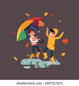 Happy preschool kids puddle jumping. Autumn or fall themed flat vector design on little boy and girl having fun outside wearing rubber boots, yellow raincoat and rainbow coloured umbrella