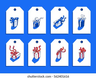 Happy presents day. Set of cute printable gift tags with hand drawn present boxes, bows and ribbons. Vector design templates perfect for greeting and gift cards, labels, badges.