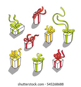 Happy presents day. Set of gift boxes with bows and ribbons. Simple design. Cartoon hand drawn style. Perfect for greeting card, poster design. Vector graphic elements isolated on white background. 