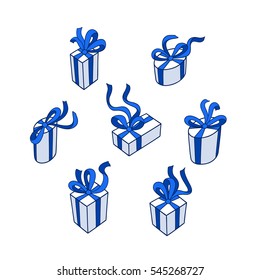 Happy presents day. Set of gift boxes with bows and ribbons. Simple design. Cartoon hand drawn style. Perfect for greeting card, poster design. Vector graphic elements isolated on white background. 