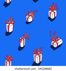 Happy presents day. Vector seamless pattern on blue background. Set of gift boxes with bows and ribbons. Cartoon hand drawn style. Perfect for greeting card, textile design, wrapping, wall paper. 