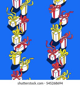 Happy presents day. Vector seamless pattern on blue background. Set of gift boxes with bows and ribbons. Cartoon hand drawn style. Perfect for greeting card, textile design, wrapping, wall paper. 